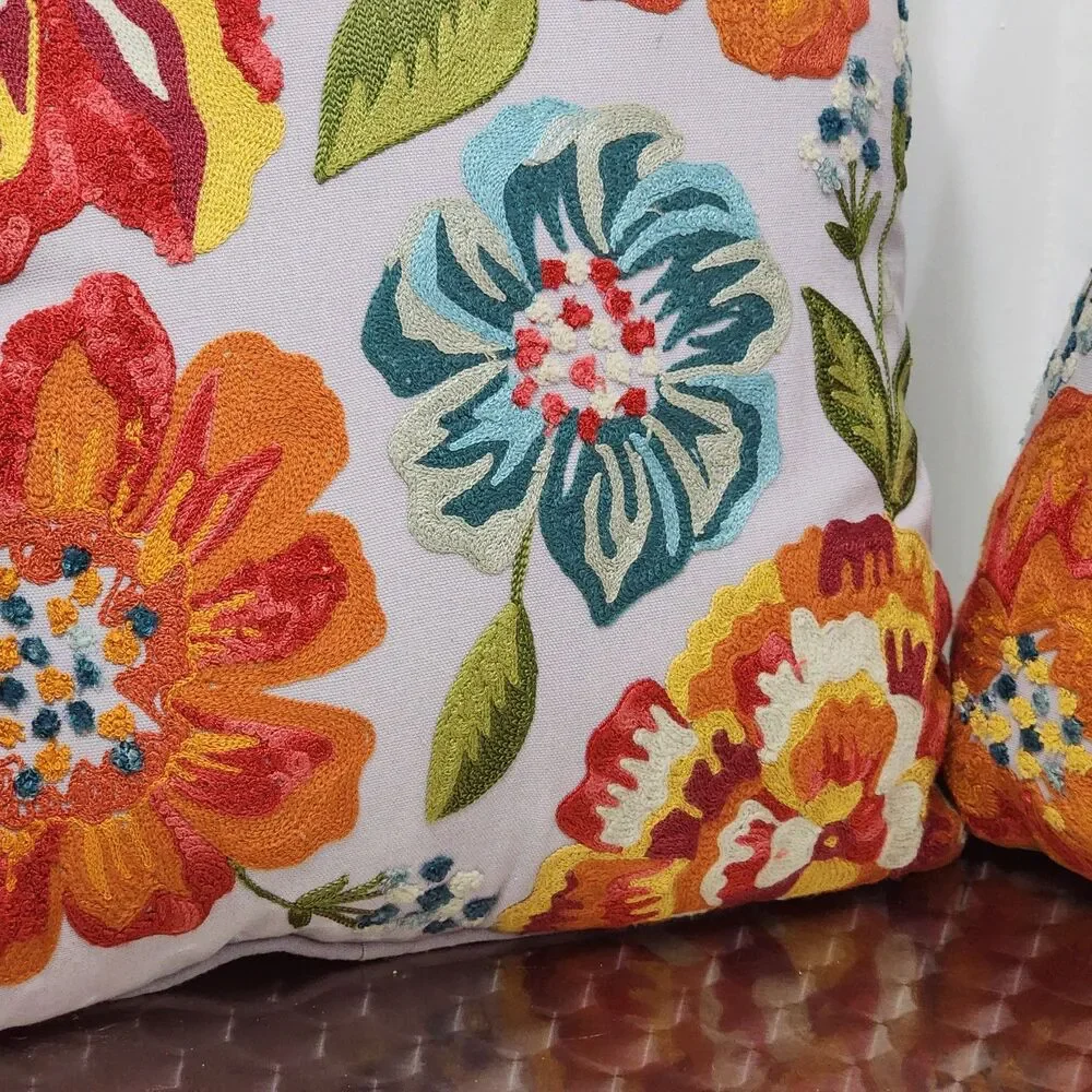 Pier 1 Throw Pillow 2pc Set Gray Floral Embroidery 17” x 17” Zipper Crewel Boho